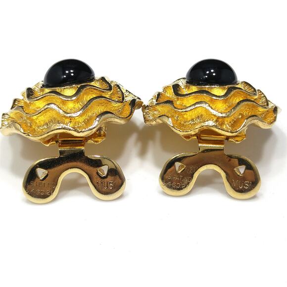 Gold Plated 1950s Musi Floral Shoe Clips, Black Lucite Cabochons - Picture 2 of 8